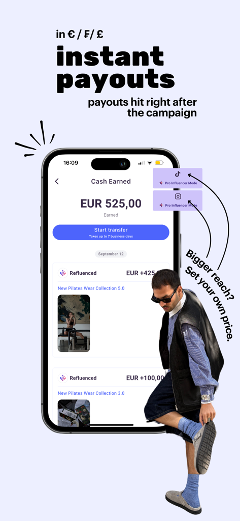 Refluenced - Refluenced App-Bildschirm, der verdientes Geld aus Influencer-Kampagnen und Funktionen für sofortige Auszahlungen anzeigt