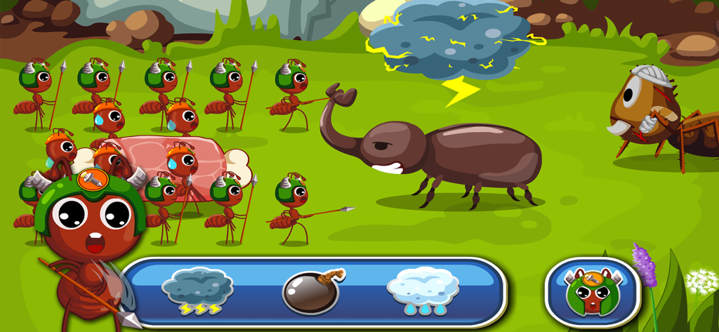 Cartoon soldier ants with helmets and spears defending food from a large beetle in a field.