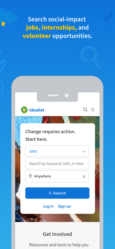 Idealist Job Search - Idealist Job Search app home screen featuring a search tool for social impact jobs, internships, and volunteer opportunities.