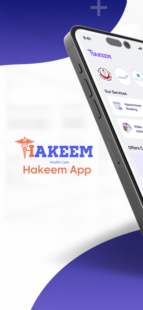 Hakeem - حكيم - Hakeem app interface on a smartphone showing medical services and appointment booking options.