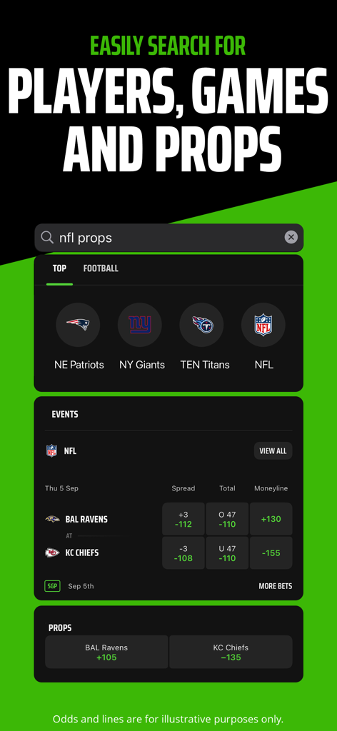 DraftKings Sportsbook mobile app search screen for NFL betting props and games