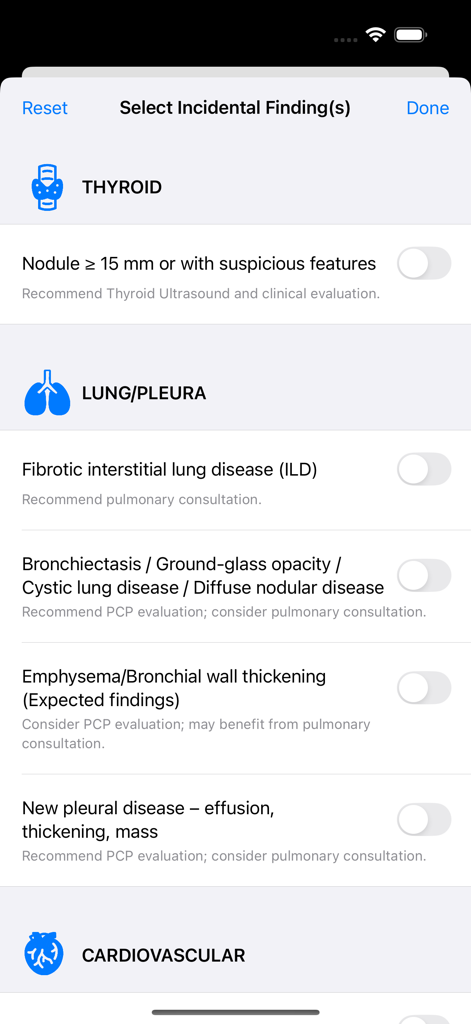 Lung Cancer Screening Guide - Selection screen for incidental findings in the Lung Cancer Screening Guide app showing thyroid and lung pleura categories.