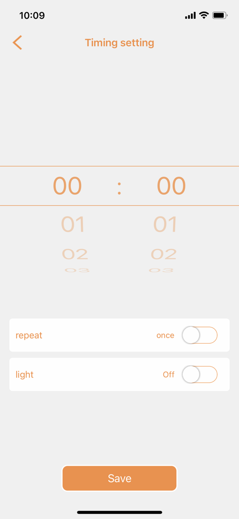 BRmesh - BRmesh app timing setting interface with time picker and light toggle options