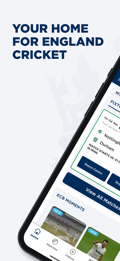 England Cricket - Startbildschirm der England Cricket Mobile App mit Spielplänen und Video-Highlights