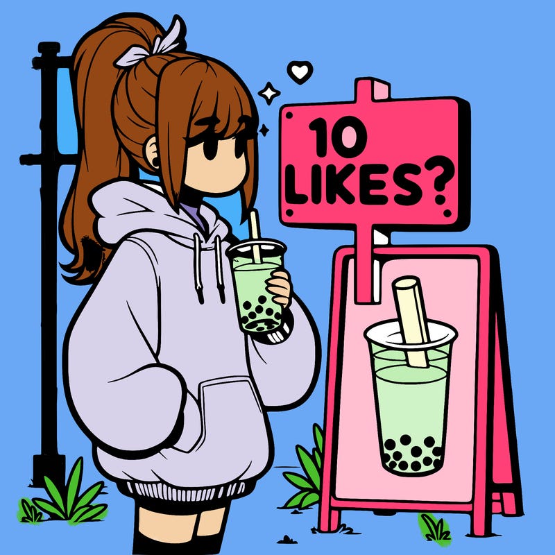 girl with oversized hoodie drinking boba and she has a high ponytail with a sign that says 10likes?