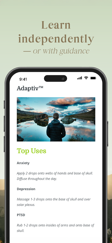 Wellness Nook mobile app screen showing top uses and application instructions for essential oils for anxiety and depression.