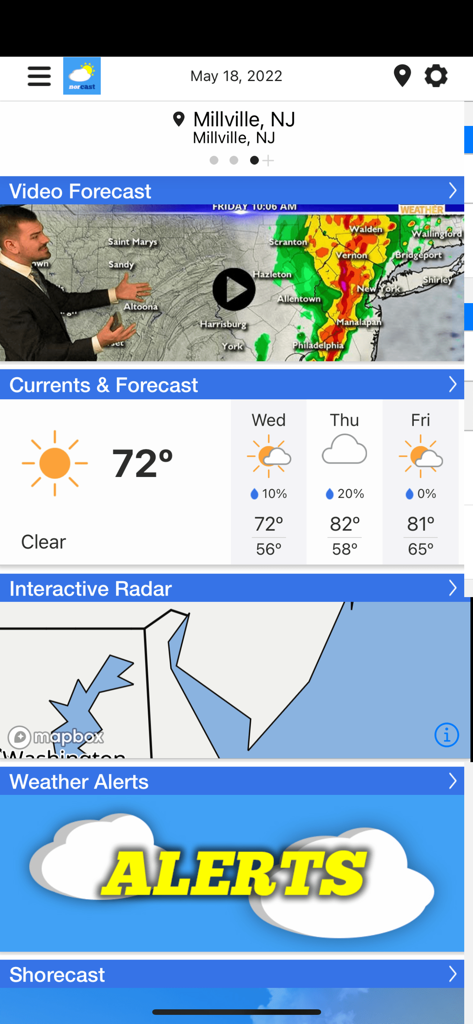 NorCast Weather app interface with local forecast and video report for South Jersey