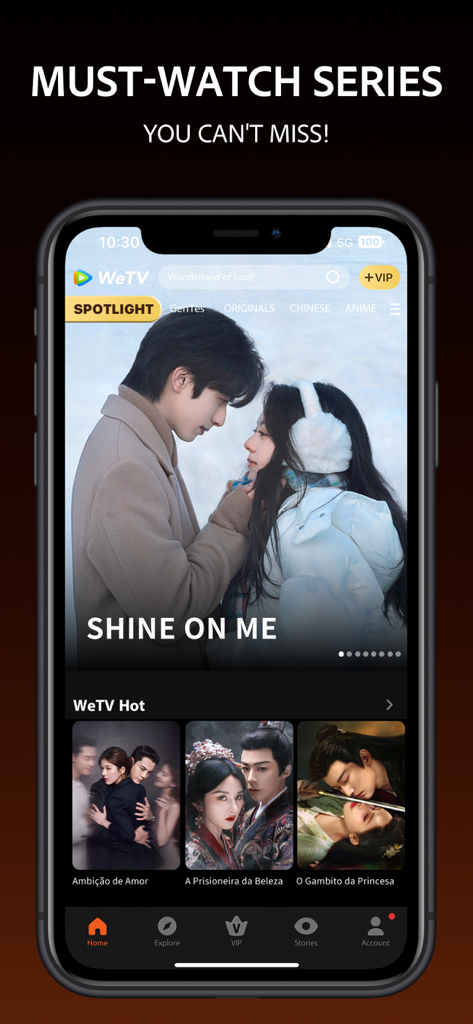 WeTV mobile app interface displaying trending Chinese dramas and series spotlight