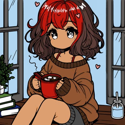 cute anime girl reading book and drinking hot chocolate from mug with loose wavy hair wearing a baggy sweatshirt and shorts sitting by windowsill looking out