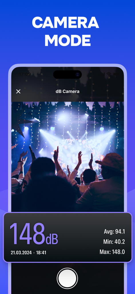 Water Eject ‒ Speaker Cleaner - Screenshot della funzione dB Camera che misura 148 decibel a un evento di concerto dal vivo.