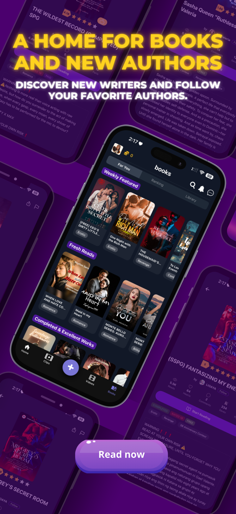 SeLeBox - SeLeBox app screenshot showing the book feed with weekly featured stories and a discovery section for new authors
