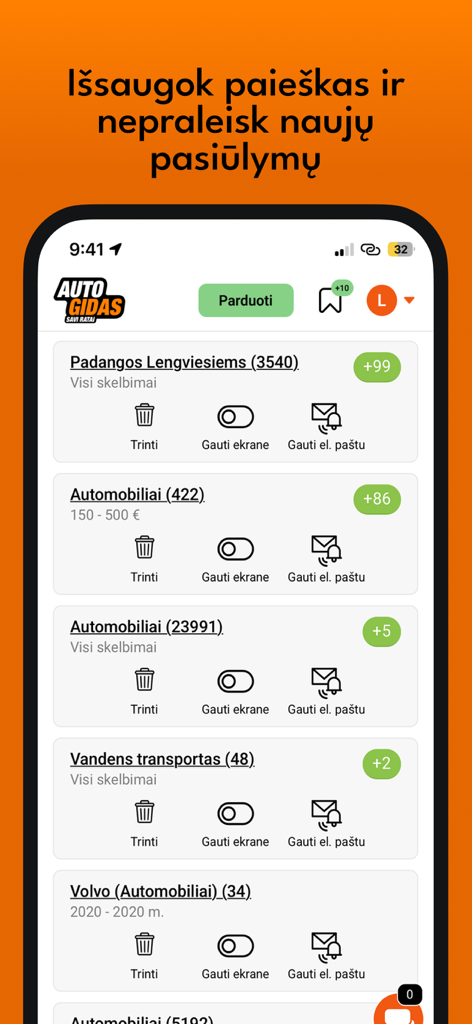 Capture d'écran de l'application Autogidas montrant une liste de recherches sauvegardées de voitures et de pièces avec des options d'alerte de notification.