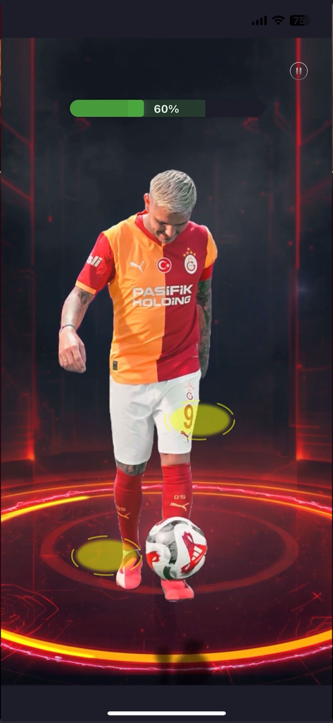 Mauro Icardi juggling a soccer ball in the Aslanlar Ligi app gameplay screen