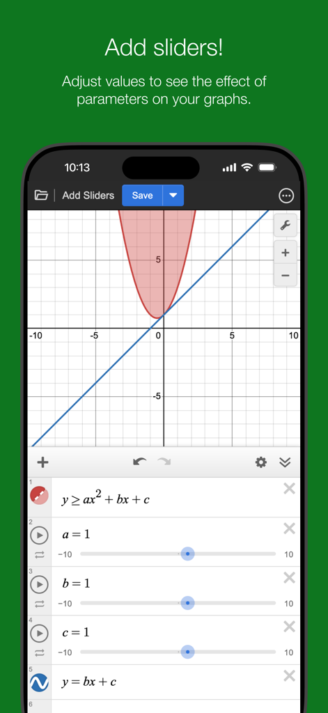 A screenshot of the Desmos app showing interactive sliders being used to adjust parameters on a mathematical graph.