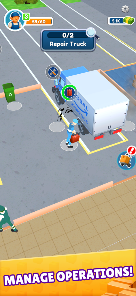 Cargo Boom Game - Arcade idle gameplay showing a worker repairing a delivery truck with the text Manage Operations