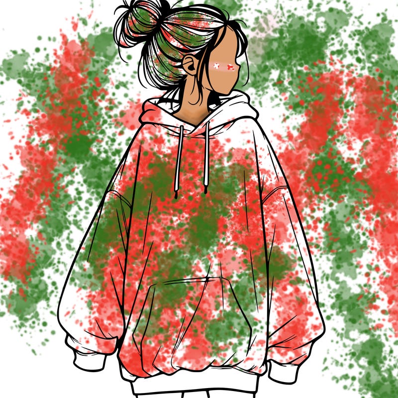 realistic girl with a oversized sweatshirt on and a bun