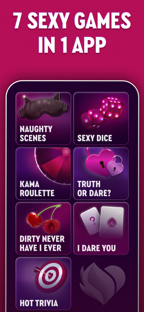 Couples games: Sex Roulette - Interfaz de la aplicación Ruleta Sexual que muestra siete modos de juego sexis diferentes para parejas