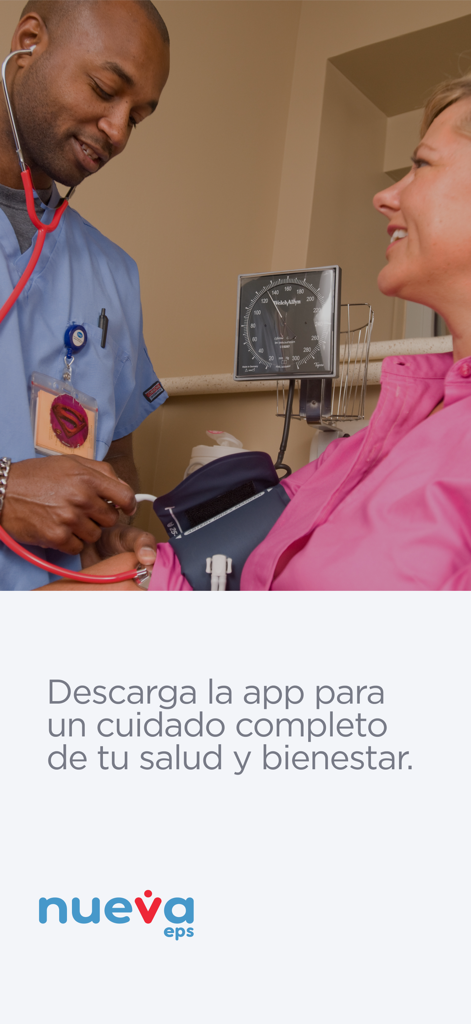 Um profissional médico verificando a pressão arterial de um paciente com um texto sobre saúde e bem-estar.