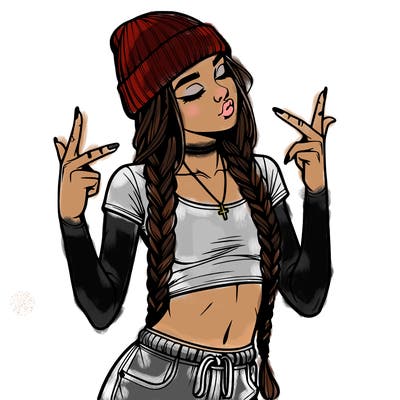 realistic teenage girl with braids and a beanie and crop top doing 🫶🏼