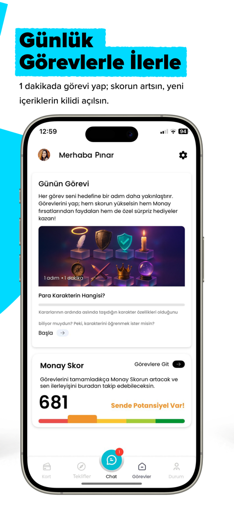 A mobile screen showing the Monay app daily tasks and personal finance score tracking