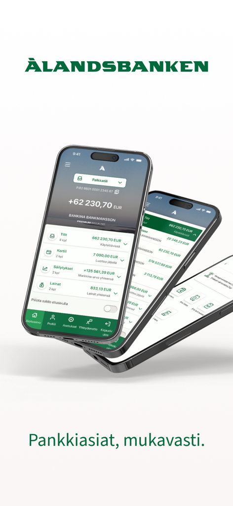Three smartphones displaying the Alandsbanken Finland mobile banking app interface showing account balances and investment portfolios