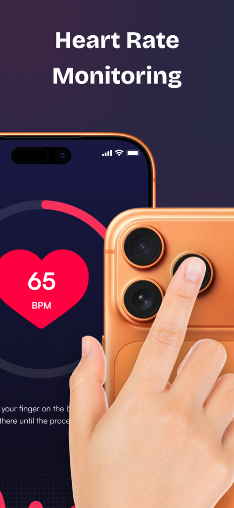A finger placed on a smartphone camera lens to measure heart rate using the Pulse Care app