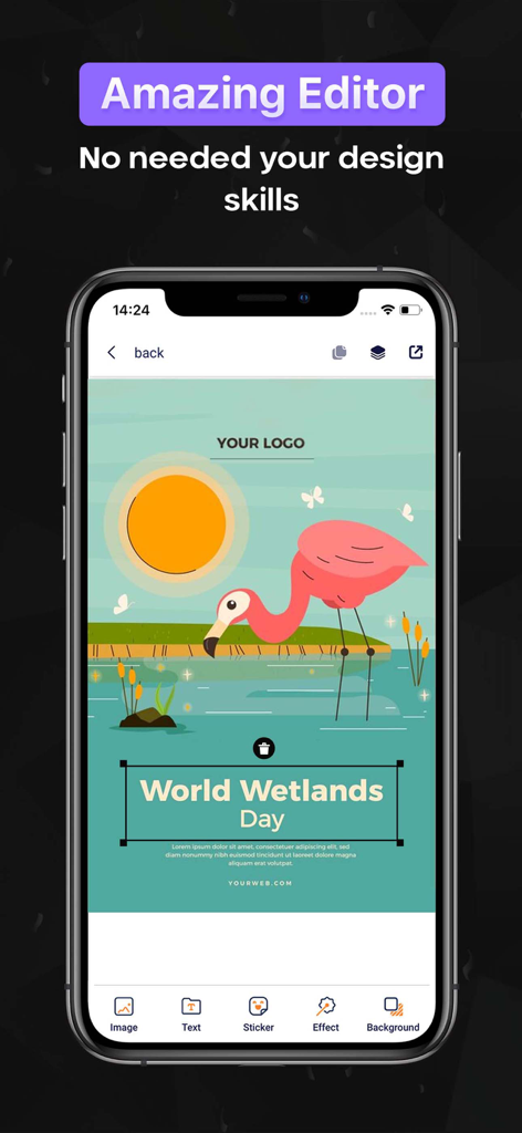 Une interface d'application de conception graphique mobile montrant un éditeur d'affiches avec une illustration de flamant rose et divers outils de conception pour les images, le texte et les autocollants.
