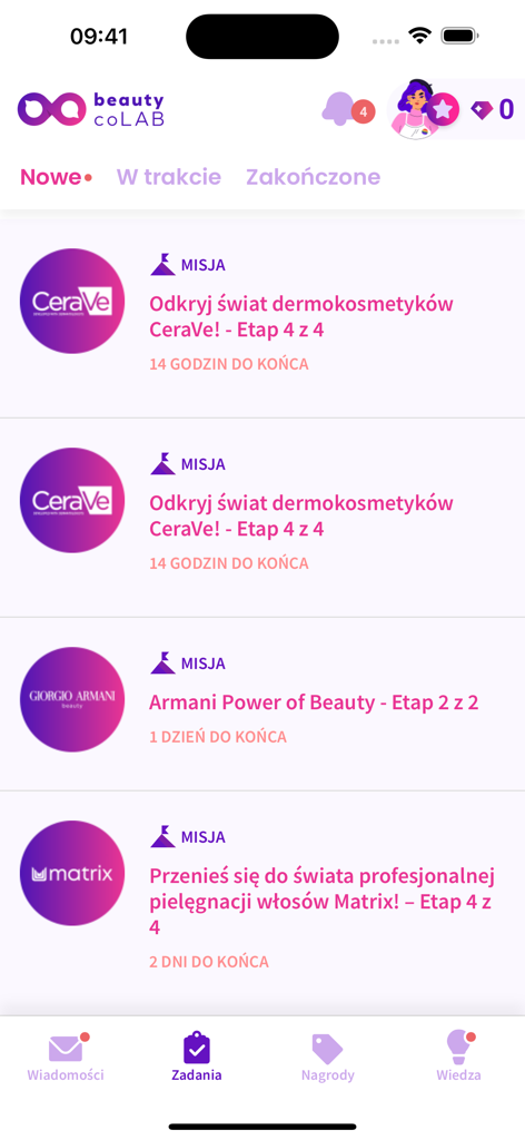 Beauty CoLAB - Interface of the Beauty CoLAB app showing a list of missions from brands like CeraVe, Giorgio Armani, and Matrix
