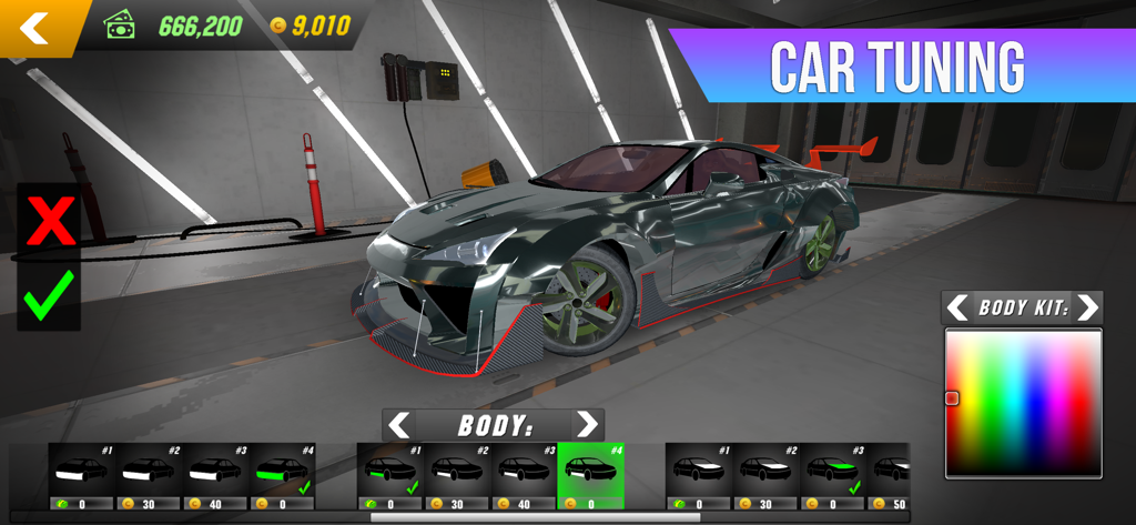 Car tuning and body kit customization menu in Car Parking Multiplayer garage