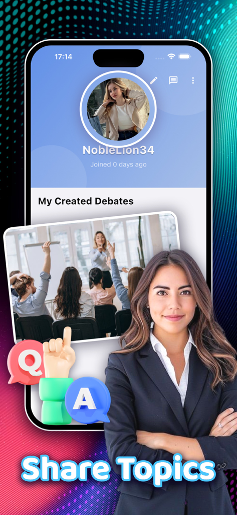 KloGli - KloGli app interface showing user profile and Share Topics feature for intellectual debates