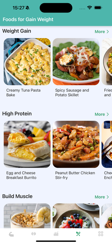 Arm Workout & Bicep Exercise#1 - Pantalla de nutrición de la aplicación de fitness que muestra categorías de comidas altas en proteínas y constructoras de músculo con fotos de alimentos
