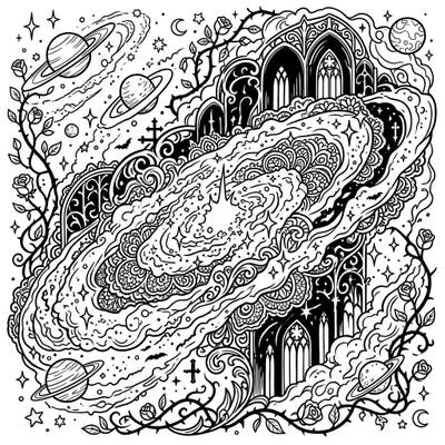 Unleash your creativity with this mesmerizing coloring page featuring a dramatic starburst galaxy intertwined with intricate gothic architecture and thorny rose vines. This unique design offers a cosmic journey through darkness and beauty, perfect for a relaxing artistic escape.