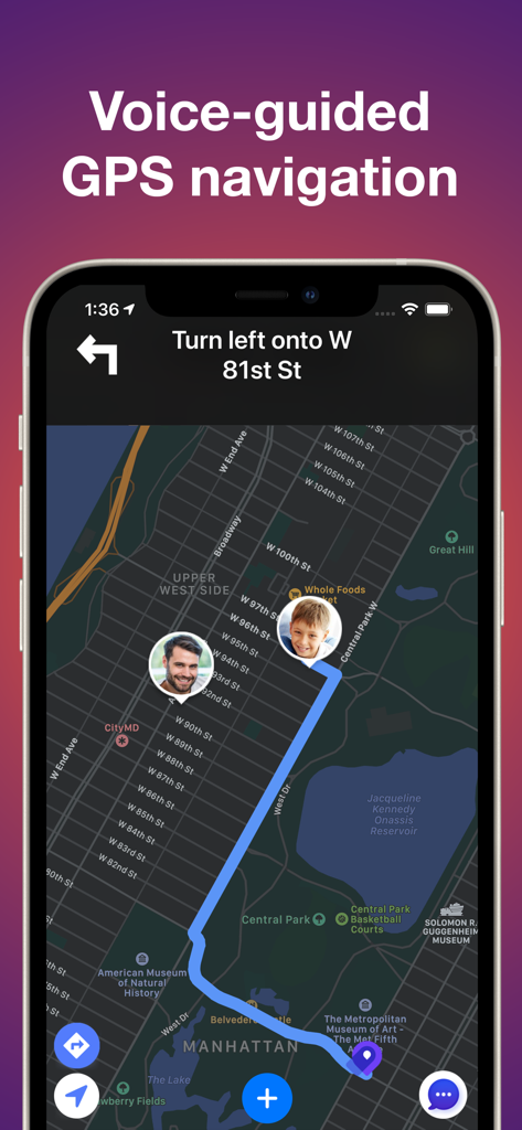 Interface do aplicativo Encontre Minha Família mostrando navegação GPS por voz com localizações de membros da família em um mapa