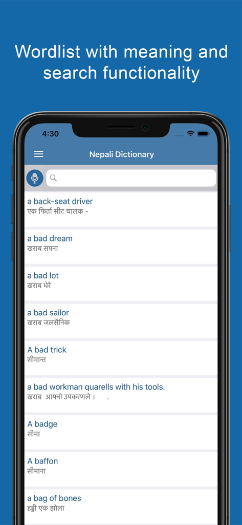 Nepali Dictionary app screen showing a wordlist of English phrases with their Nepali translations and a search bar