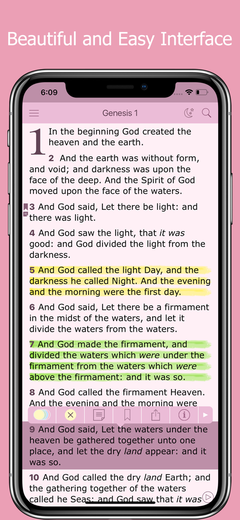 Bible for Women & Daily Study - Interface of the Bible for Women app showing highlighted verses from Genesis chapter one on an iPhone