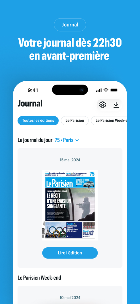 Le Parisien app screen displaying early access to the daily digital newspaper edition.