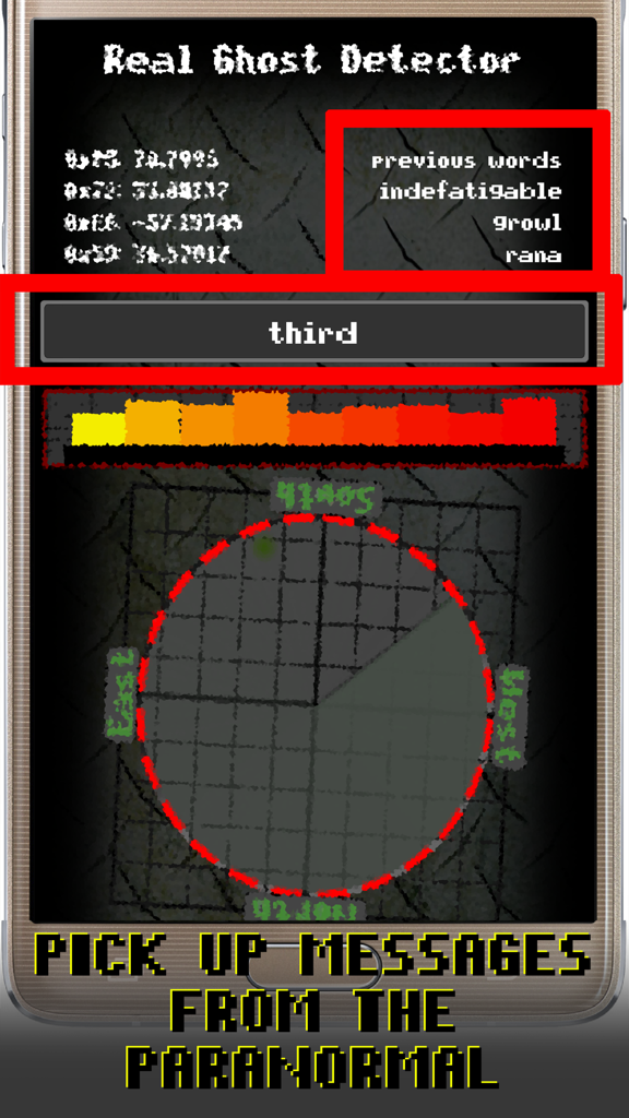 Real Ghost Detector - Interfaccia dell'app Rilevatore di Fantasmi Reale che mostra un radar e parole paranormali rilevate