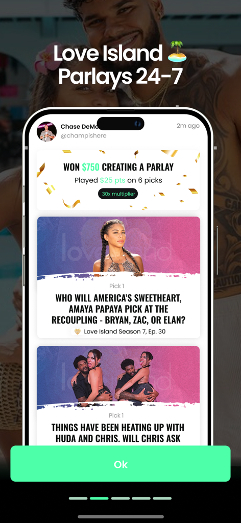 FanUp - Daily Fantasy Sports - Pantalla de la app móvil FanUp mostrando parlays de fantasía diarios para el reality show Love Island