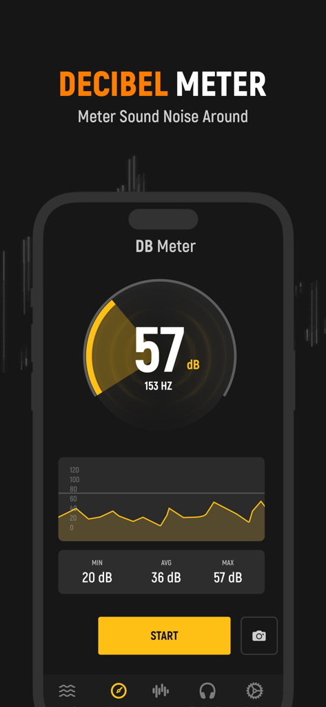 Frequency Sound Generator App - Interface of the Frequency Sound Generator app showing a decibel meter with noise level readings and sound frequency data