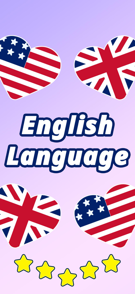 Interface de l'application d'apprentissage de l'anglais avec des formes de cœur aux couleurs des drapeaux américain et britannique et cinq étoiles