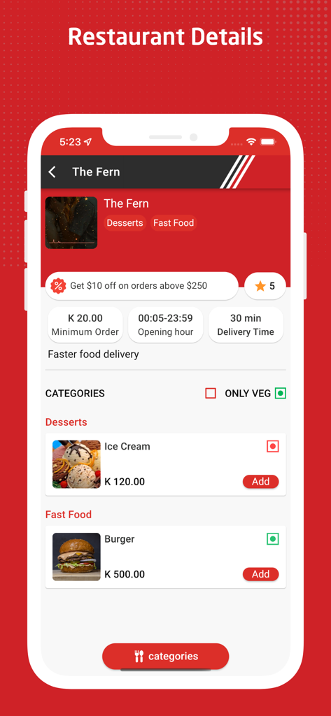 GoFood (PNG) Customer - GoFood PNGアプリのレストラン詳細画面。配達時間と評価が表示されたメニュー項目が表示されています