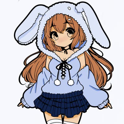 pretty anime girl wearing a fluffy hoodie with bunny ears on the hood and a skirt