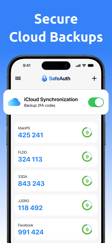2FA・MFA認証アプリのiPhoneスクリーンショット。検証コードと、安全なクラウドバックアップのためのiCloud同期トグルが有効になっている状態が表示されます。