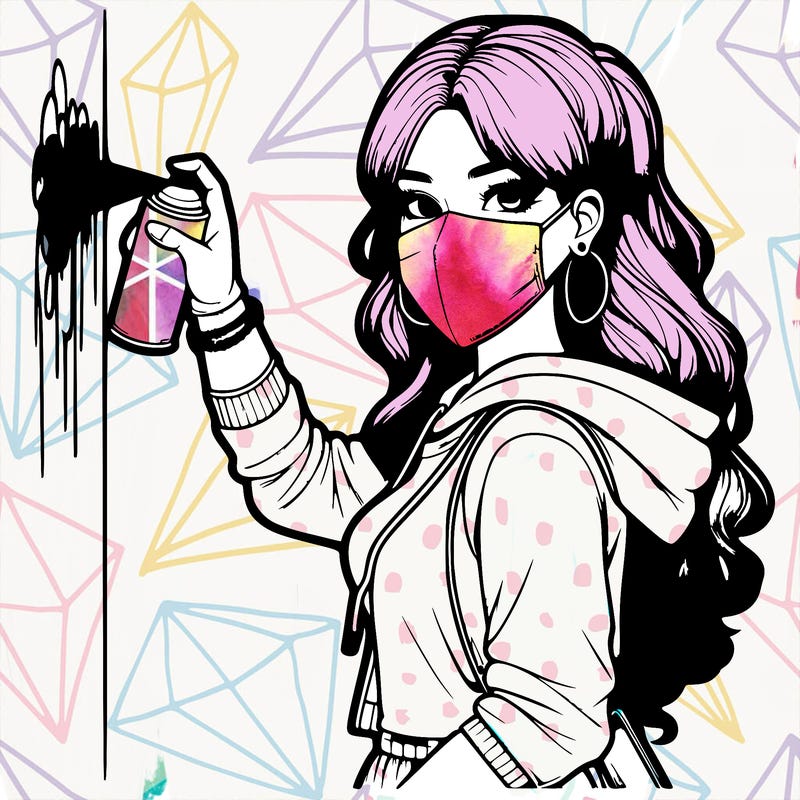 realistic girl with mask spray painting a wall