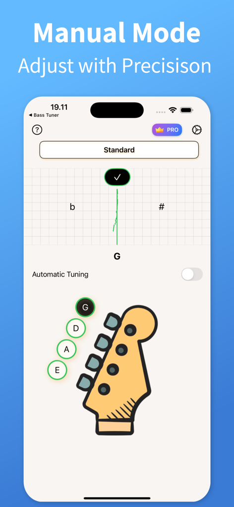 Bass Tuner - TuneGuide - Interfaz de afinación manual de la aplicación Bass Tuner mostrando un medidor de aguja de precisión y el clavijero de un bajo eléctrico.