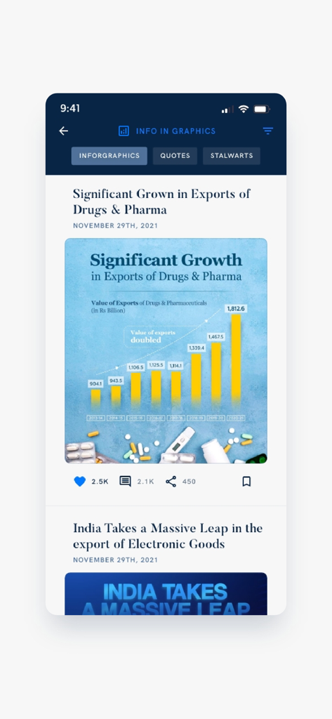 Der Infografik-Bereich der Narendra Modi App mit Daten zum indischen Exportwachstum.