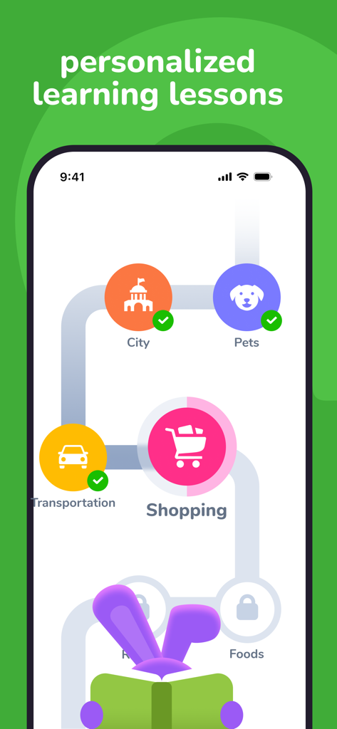 YayTalk: Learn & Speak English - Pantalla de smartphone que muestra un plan de aprendizaje personalizado de lecciones de inglés con temas como compras y transporte.