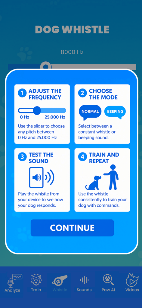 A mobile screen showing instructions for a dog whistle training feature with frequency adjustment and mode selection