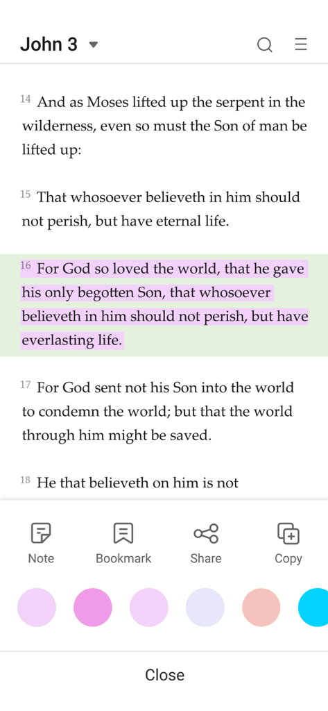 Interface of the KJV Bible app highlighting a verse with a selection of study tools