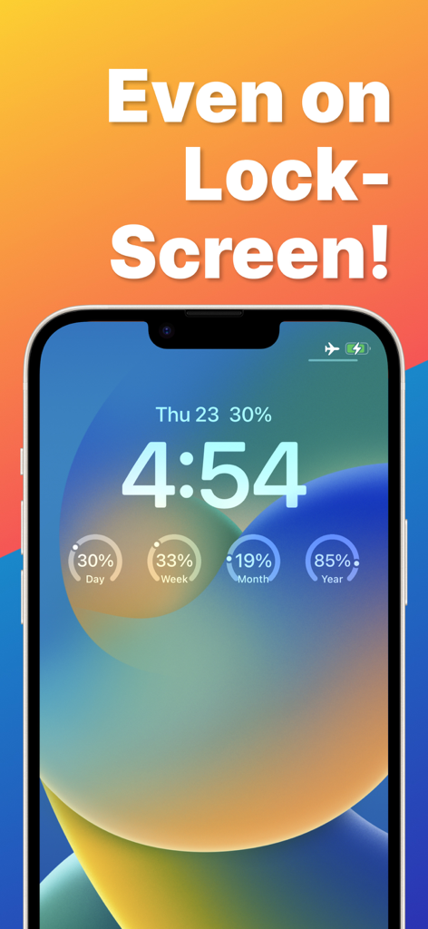 Widgets de la aplicación Tiempo Restante Hoy en la pantalla de bloqueo de un iPhone que muestran porcentajes de saldo de tiempo para día, semana, mes y año